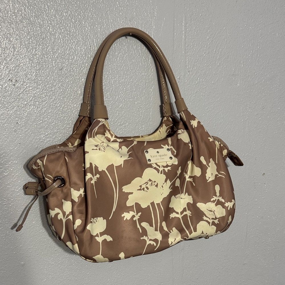 Chic Kate Spade Neutral Floral Nylon Leather Hobo Bag Shoulder Purse Trendy